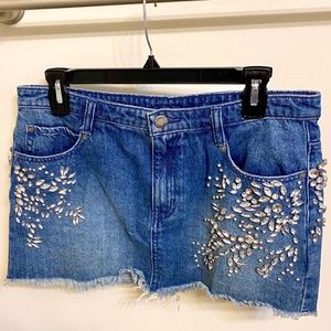 Free People Shine Bright Shine Far Embellished Rhinestone Denim Mini Skirt Sz 4